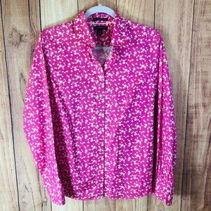 Lands' End No Iron Pinpoint Oxford Floral Print Button Down Shirt Pink Size 10